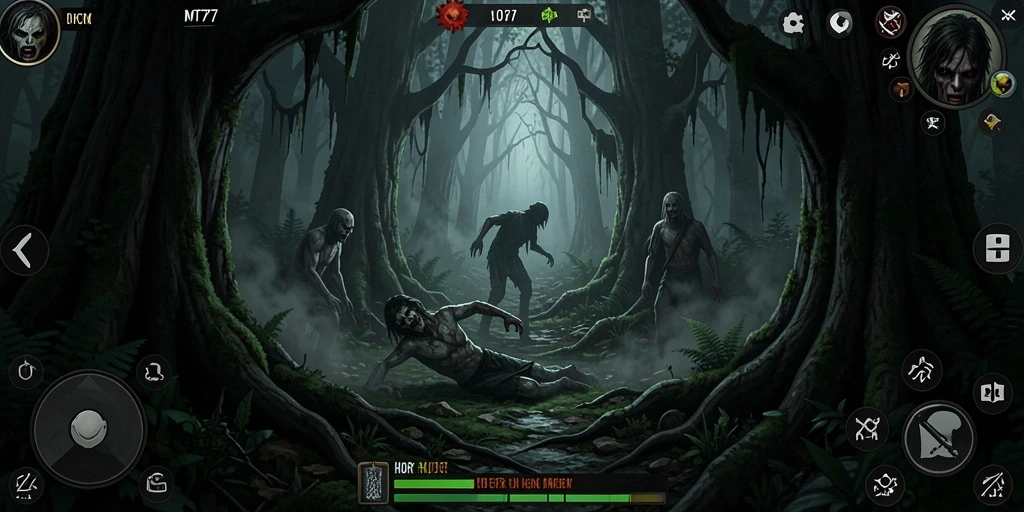 Tampilkan antarmuka game horor menegangkan dari MT777 dengan suasana hutan angker.
